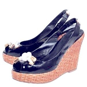 Tory Burch Shea Navy Blue Patent Wedge Espadrilles